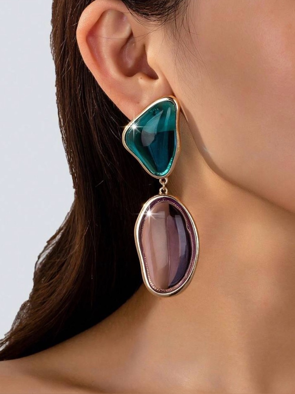 Teal & Lavender Gold Tone Dangle Earrings